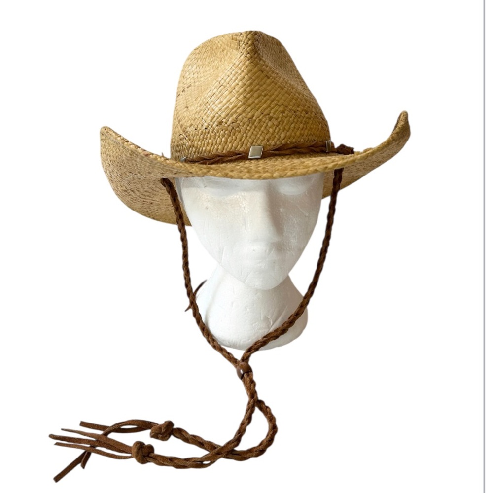 Straw Cowboy Hat with Braided Chin Strap - Natural